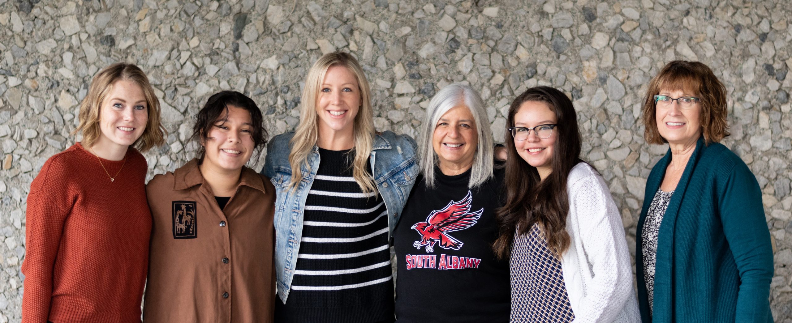 Group photo of Counseling Team, cropped waist up. Left to right: Katelyn Sawyer, Indica Stephenson, Joyce Lebengood, Ann Bailey, Rosa Davalos, and Vickie Sparks